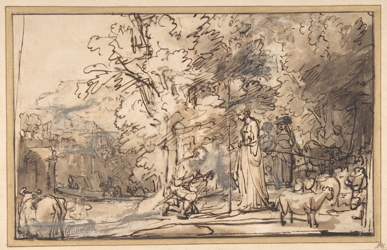 Spotkanie Jakuba i Racheli przy studni, 1640-49. autorstwa School of Rembrandt van Rijn