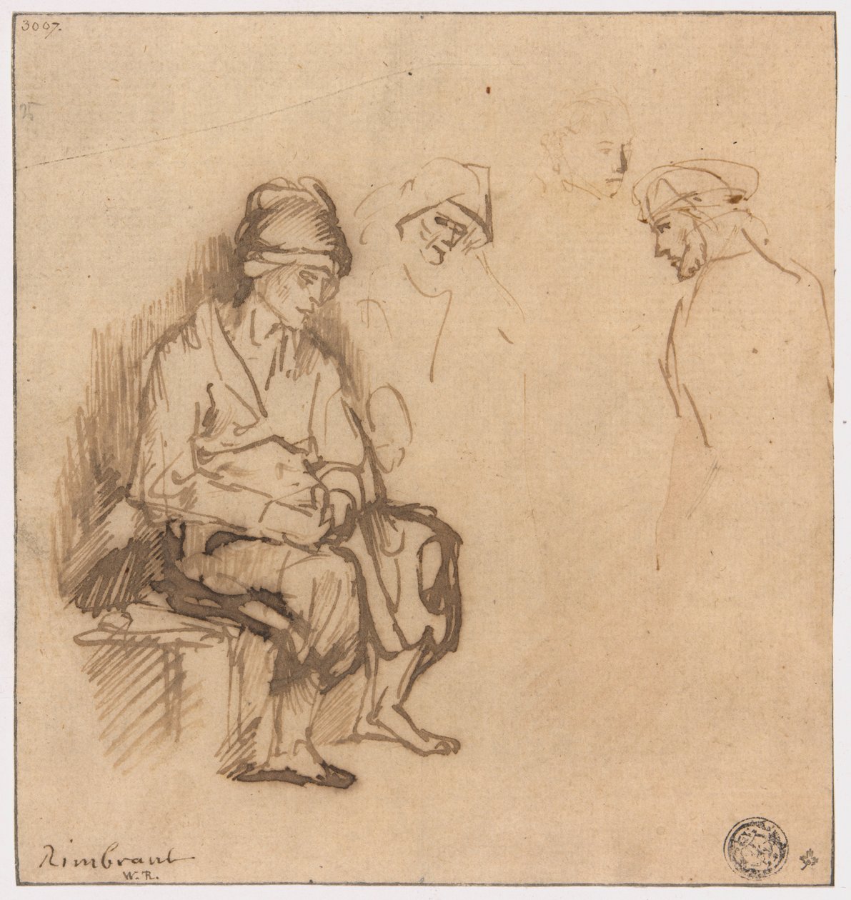 Kobieta siedząca na ławce i trzy szkice głów autorstwa School of Rembrandt van Rijn