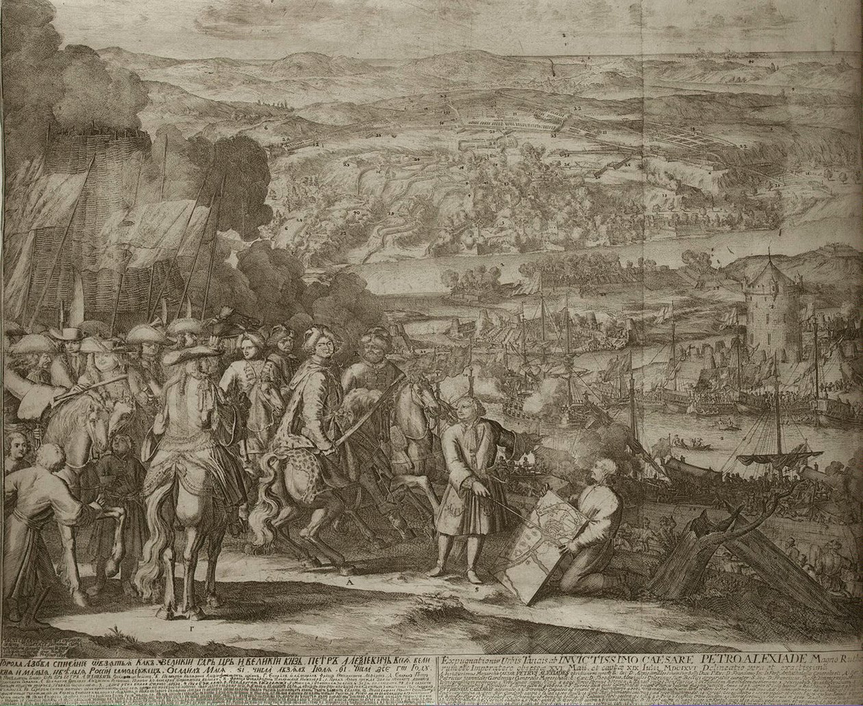 Oblężenie tureckiej twierdzy Azow przez wojska rosyjskie w 1696 r., um 1700 autorstwa Schoonebeek