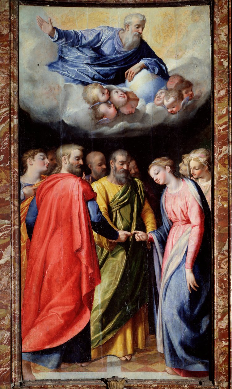 Wesele Dziewicy Obraz Scipione Pulzone il Gaetano (1550-1598) i Giuseppe Valeriano (1542-1606) 1584-1588 Rzym, kościół Gesu, kaplica Madonna della Strada autorstwa Scipione Pulzone