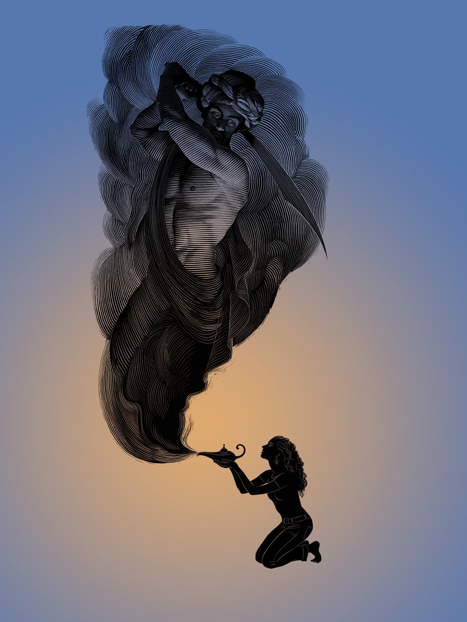 1001, 2006 (scratchboard, pokolorowany cyfrowo) autorstwa Scott McKowen