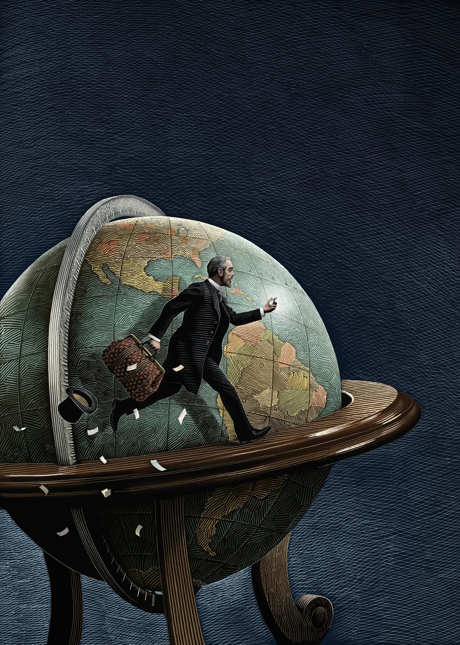Around the World in Eighty Days, 2008 (scratchboard, pokolorowany cyfrowo) autorstwa Scott McKowen