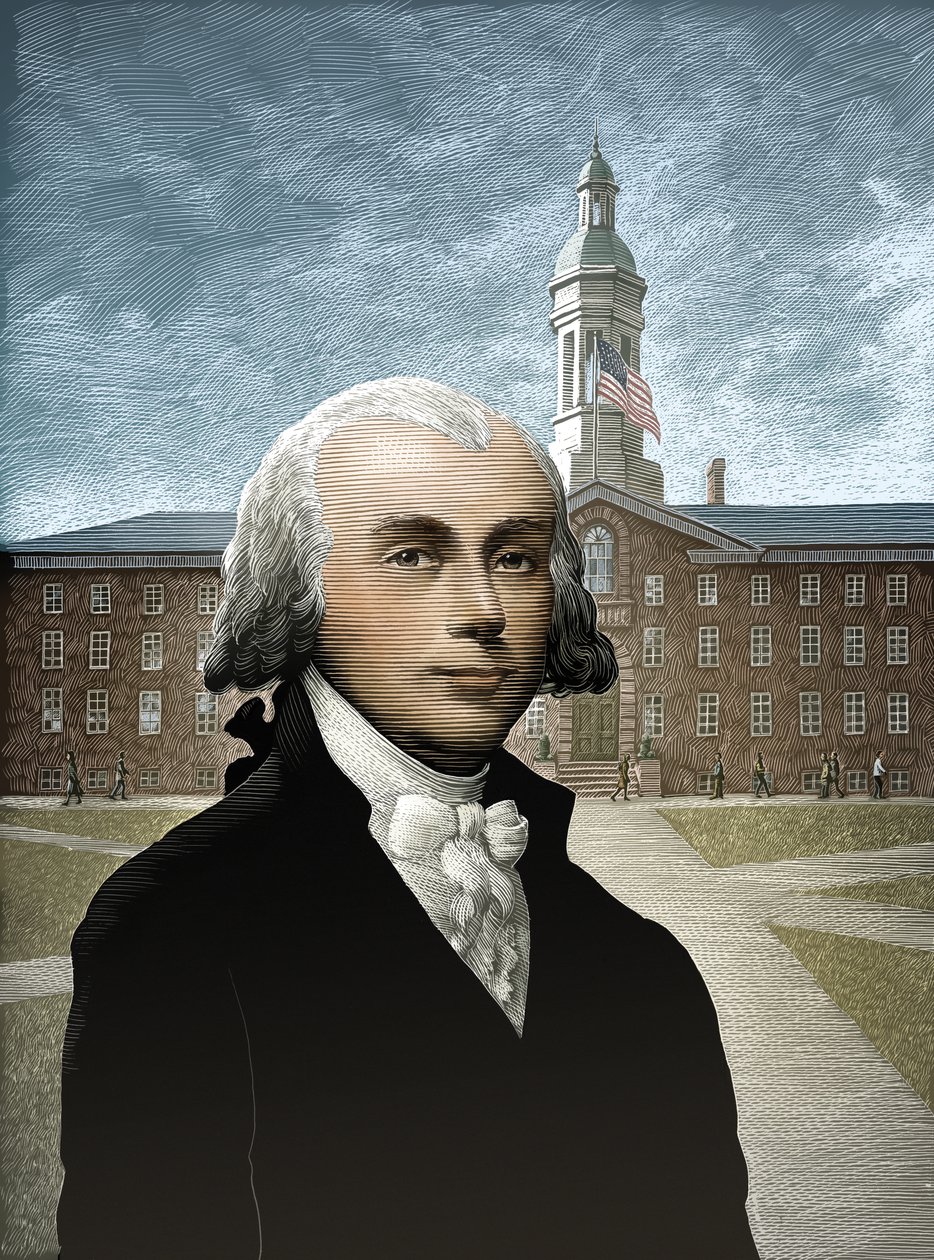 James Madison, 2008 (scratchboard, pokolorowany cyfrowo) autorstwa Scott McKowen