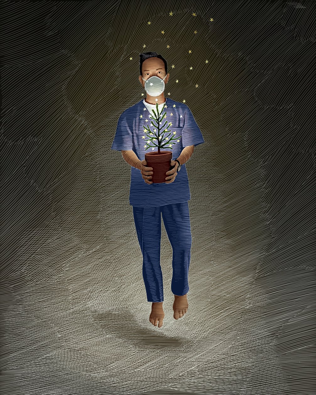 Anioł pielęgniarki, 2020 (scratchboard, pokolorowany cyfrowo) autorstwa Scott McKowen