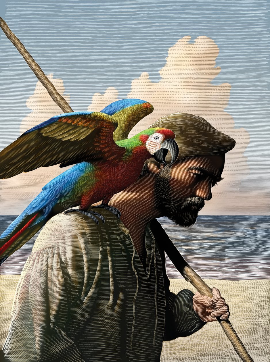 Robinson Crusoe, 2011 (scratchboard, pokolorowany cyfrowo) autorstwa Scott McKowen