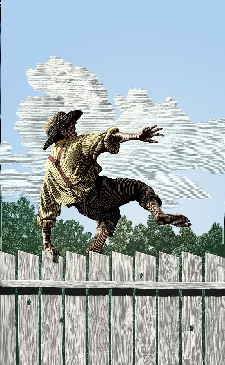 Tom Sawyer, 2004 (scratchboard, pokolorowany cyfrowo) autorstwa Scott McKowen