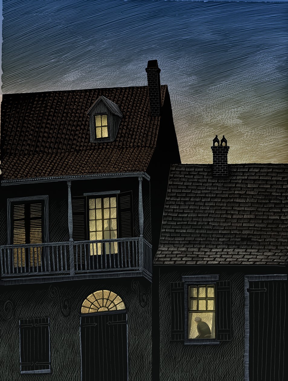 Vieux Carré, 2009 (scratchboard, pokolorowany cyfrowo) autorstwa Scott McKowen