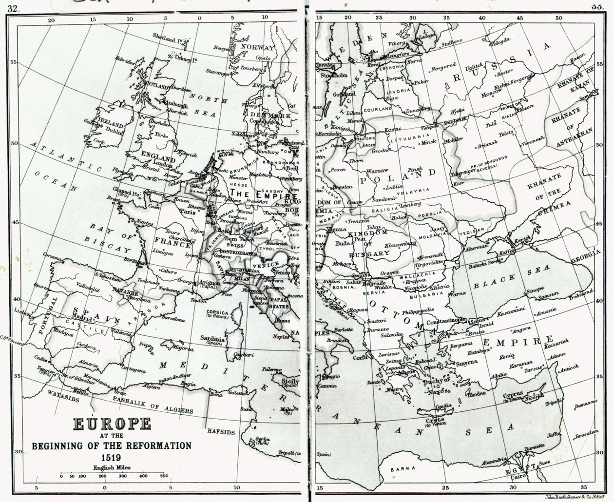 Europa w 1519, na początku reformacji, wyd. John Bartholomew and Co., Edynburg autorstwa Scottish School