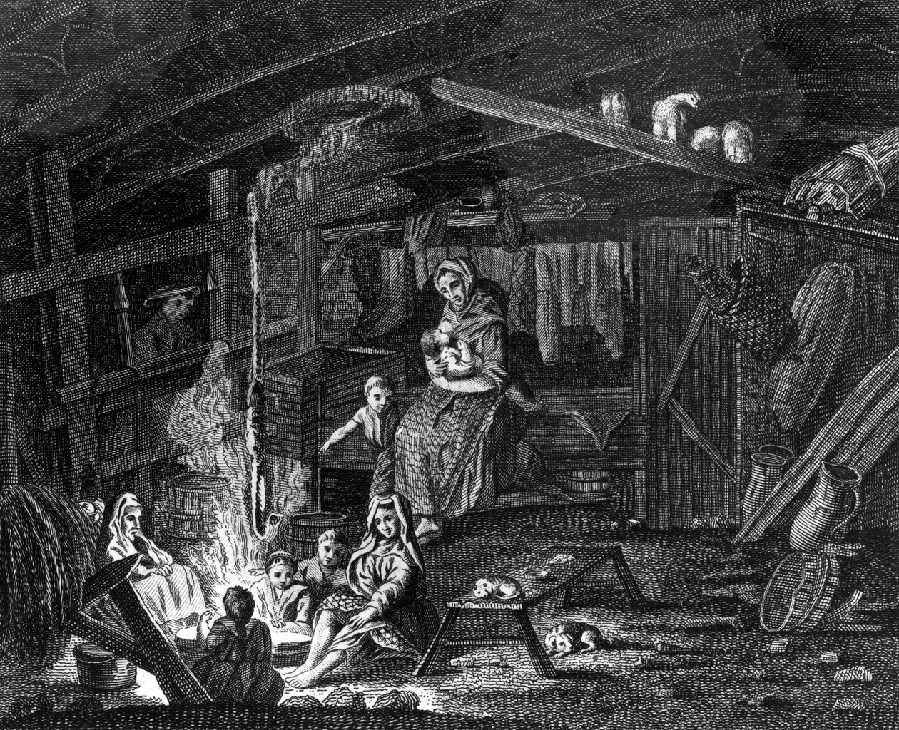 Wewnątrz domku tkaczy w Ilay, ilustracja z „Wycieczki po Szkocji” Thomasa Pennanta, wydanej w 1769 r. autorstwa Scottish School