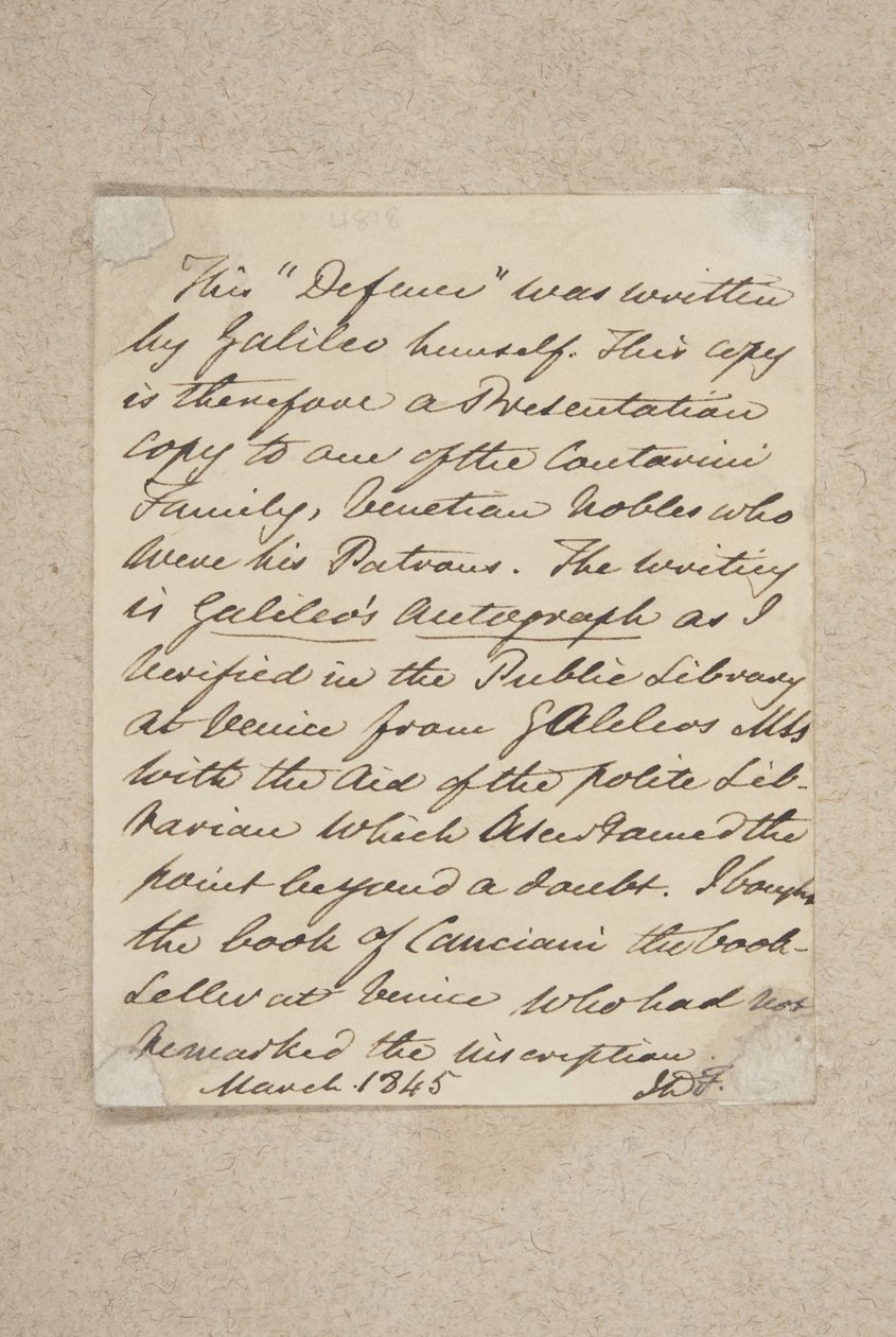 Notatka wklejona na przedniej tablicy Difesa, Galileo, 1845 (pióro i atrament na papierze) autorstwa Scottish School