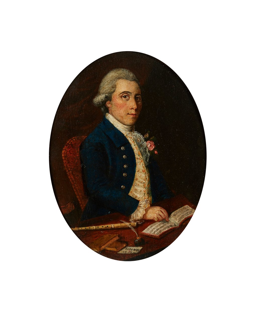 Alex Rose of Nairn, Ze swoim fletem i księgą muzyki (olej na płótnie) autorstwa Scottish School