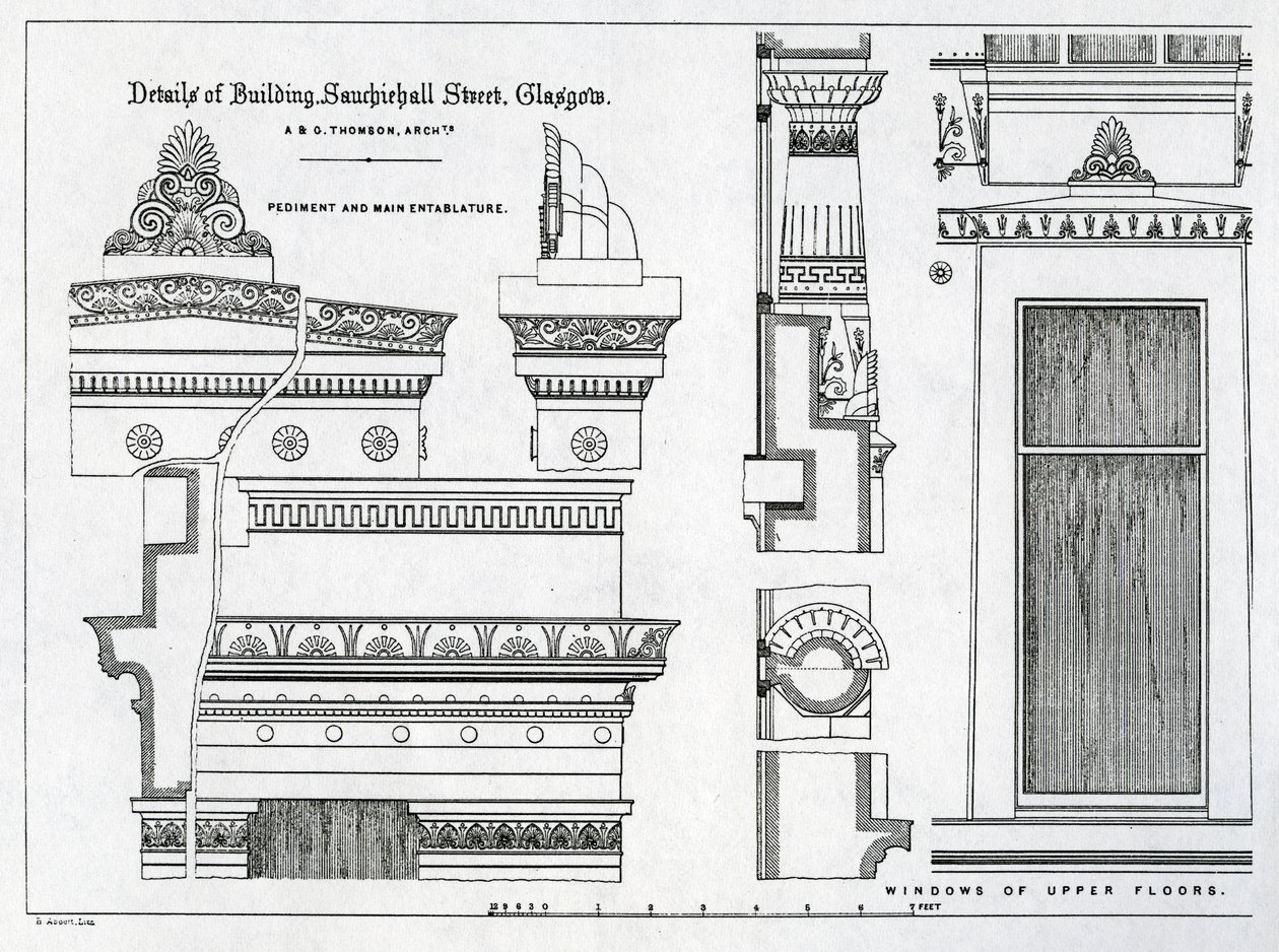 Detale architektoniczne Grecian Chambers, 336-356 Sauchiehall Street, Glasgow, projekt Alexander Greek Thomson, 1869 autorstwa Scottish School