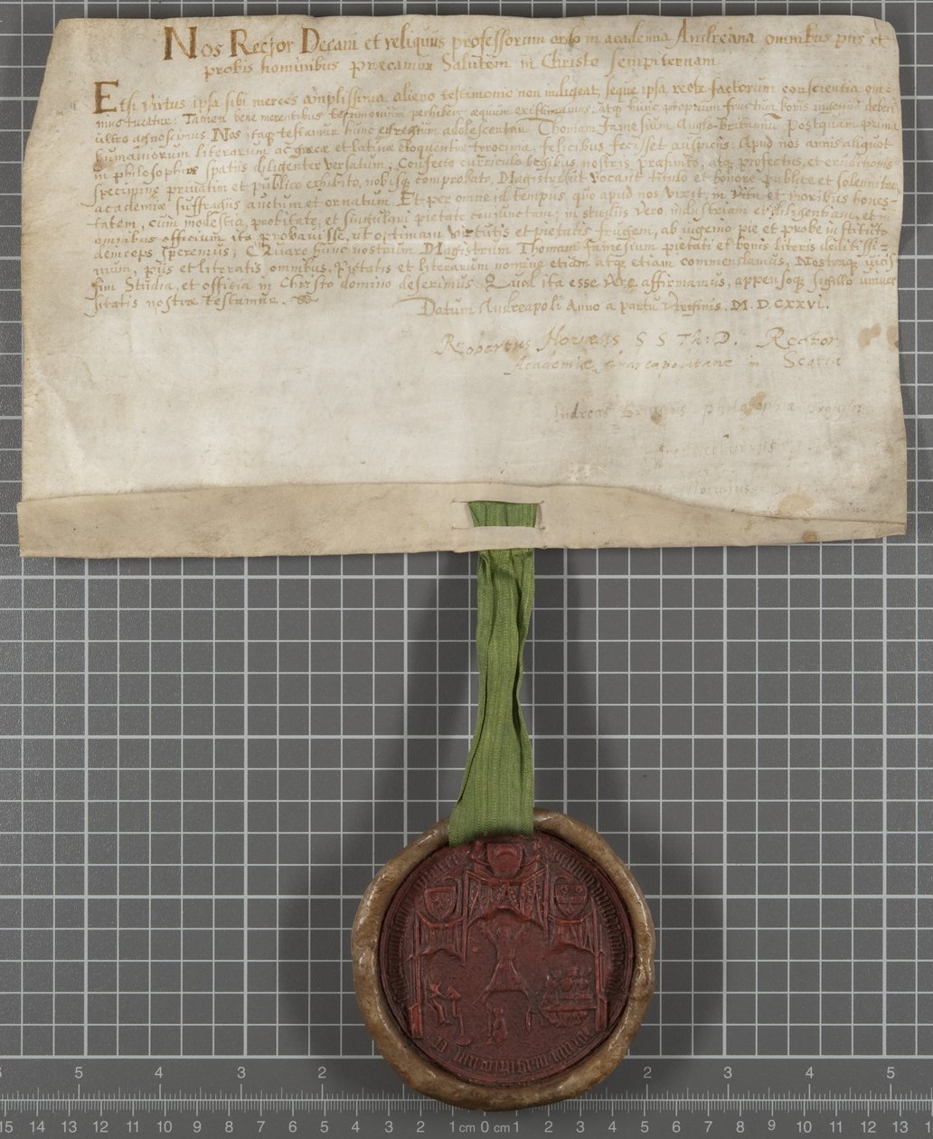 Dyplom wydany przez Uniwersytet Thomasowi Jamesowi autorstwa Scottish School