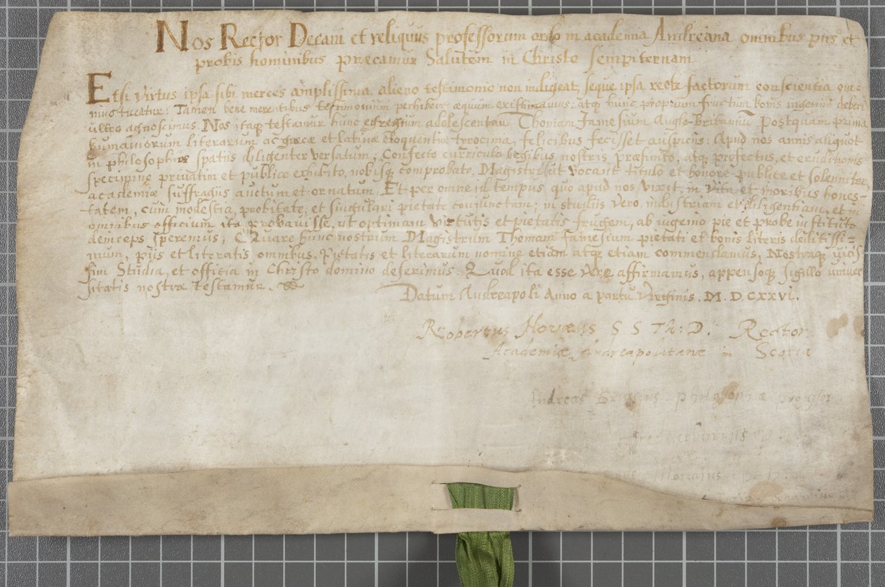 Dyplom wydany przez Uniwersytet Thomasowi Jamesowi autorstwa Scottish School