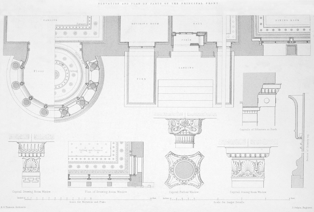 Zewnętrzne i wewnętrzne detale Holmwood, Glasgow (grawerowanie) autorstwa Scottish School