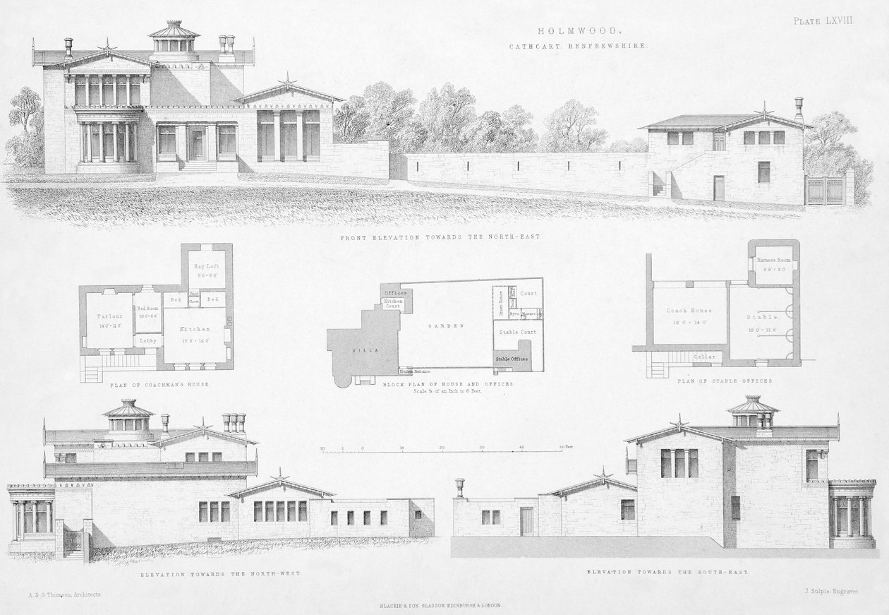 Zewnętrzne detale Holmwood, Glasgow (grawerowanie) autorstwa Scottish School