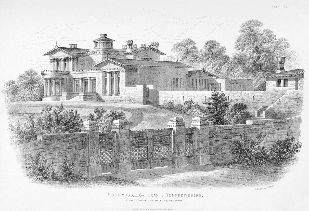 Widok zewnętrzny Holmwood, Glasgow (grawerowanie) autorstwa Scottish School