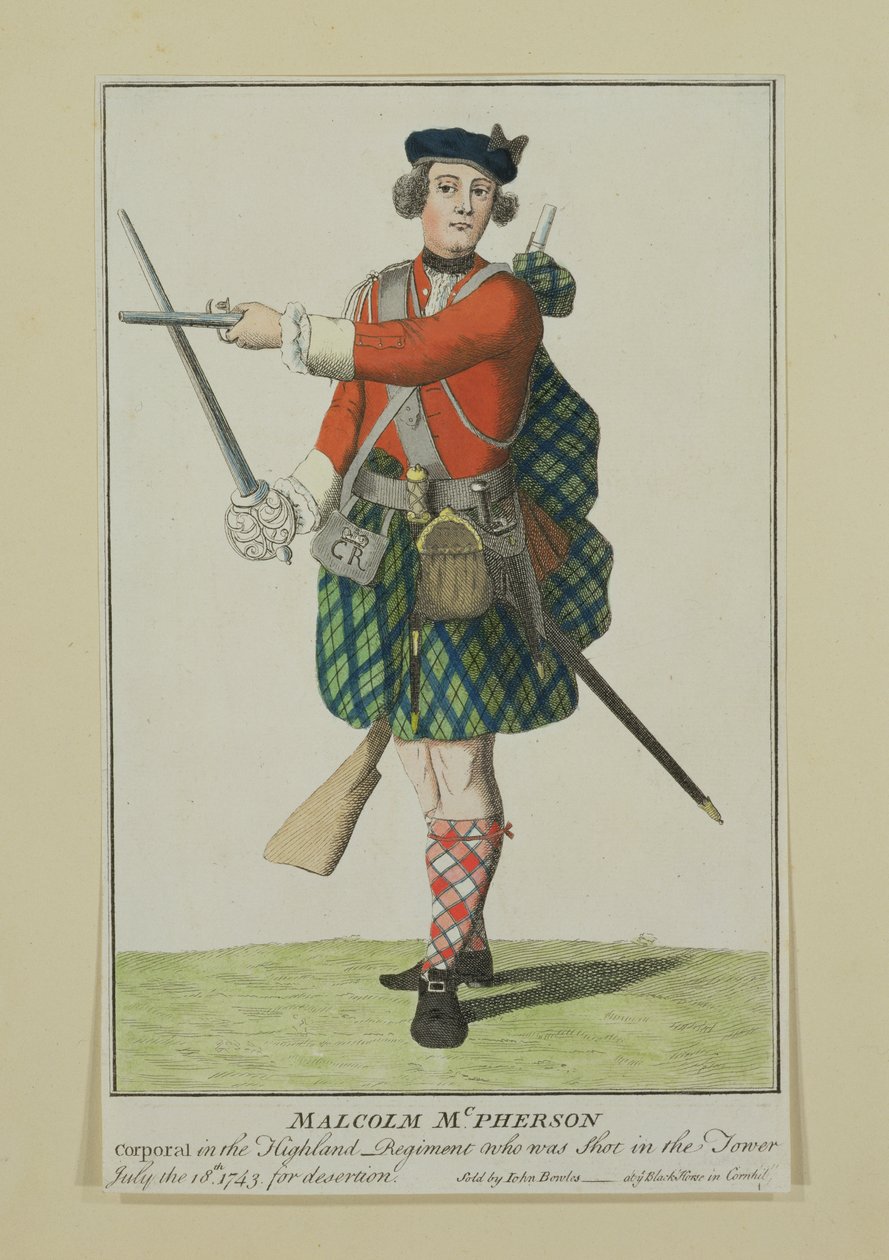Malcolm McPherson, kapral w Pułku Czarnej Straży, rozstrzelany za dezercję, 1743 autorstwa Scottish School