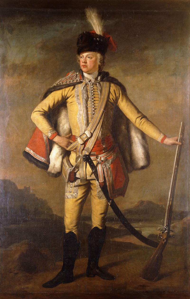 Portret Johna Lindsaya, 20. hrabiego Crawford i Lindsay, pełnej długości, w mundurze husarskim, trzymającego muszkiet skałkowy, krajobraz dalej, ok. 1745 autorstwa Scottish School