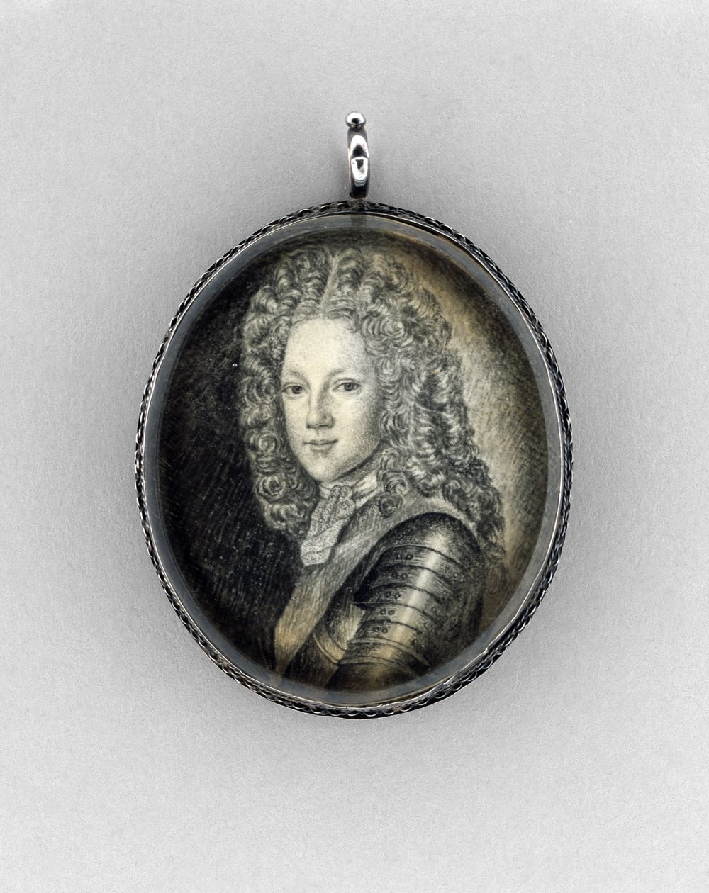 Książę James Francis Edward Stuart (Stary pretendent), ok. 1703 (atrament indyjski na welinie, graficie, krysztale górskim i srebrze) autorstwa Scottish School