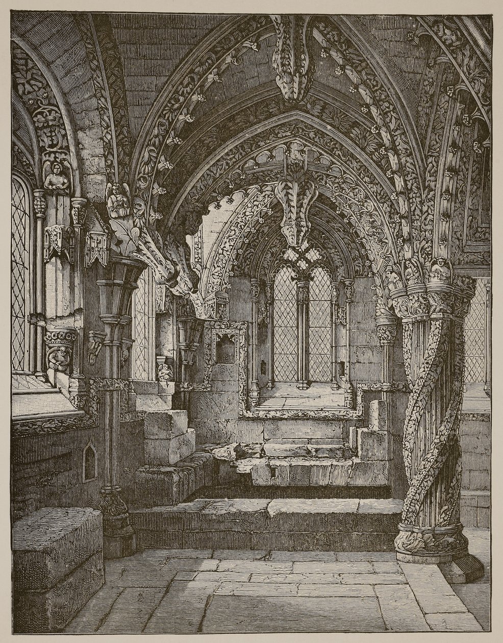 Południowo-wschodni narożnik Lady Chapel, Rosslyn (zdjęcie w sepii) autorstwa Scottish School