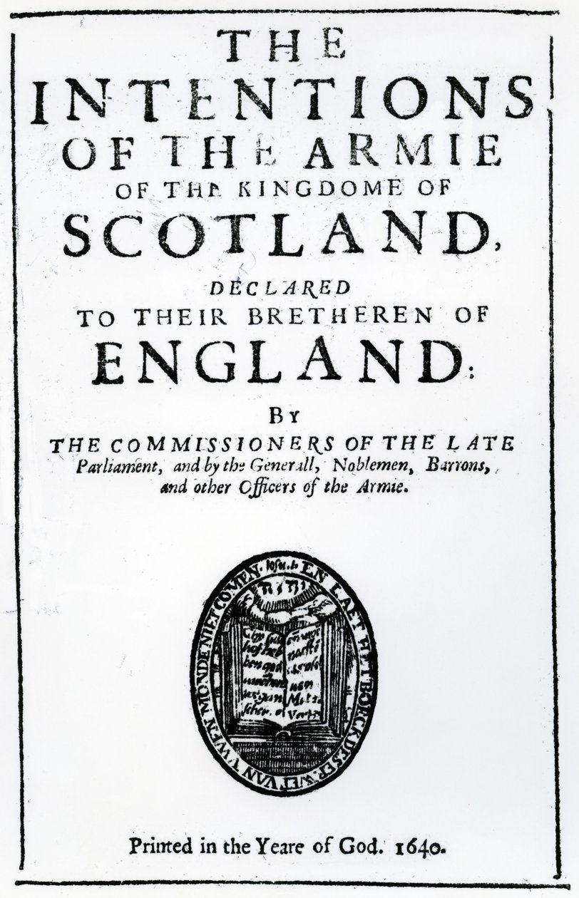 Strona tytułowa Aleksandra Hendersona „Intencje Armii Królestwa Szkocji”, opublikowana w 1640 r. (papier drukowany) autorstwa Scottish School