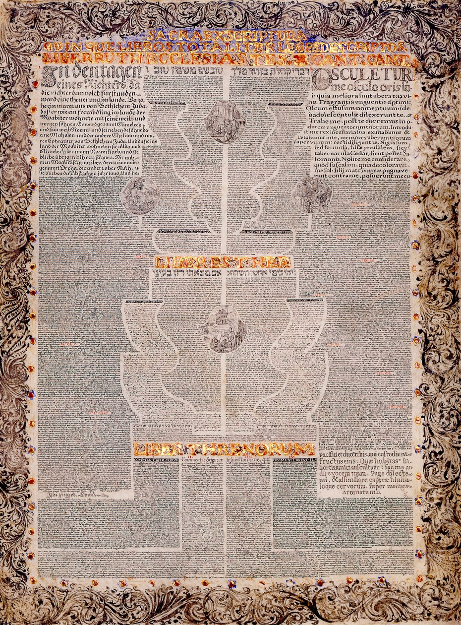 Pięć Zwojów w wielojęzycznej mikrografii Rut, Pieśni nad Pieśniami, Eklezjastesa, Estery i Lamentatu... autorstwa Scribe and illuminator  Aaron Wolf Herlingen