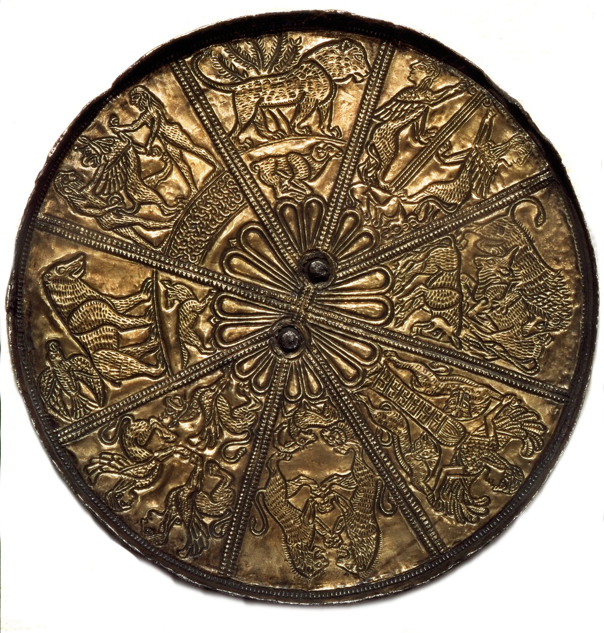 Art Scythian (cywilizacja scytyjska lub scytyjska): srebrne lustro pokryte złotem z tumulusa nr 4 Kelermes, region Krasnodar do Kubanu w Rosji (650-620), VII wiek pne. Sankt Petersburg, Ermitaż autorstwa Scythian