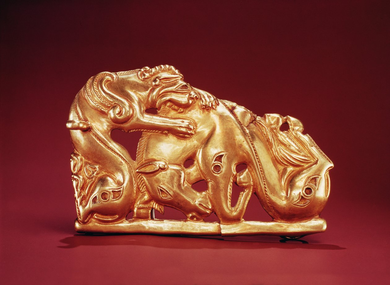 Tabliczka przedstawiająca gryfa atakującego konia (złoto-turkus) autorstwa Scythian