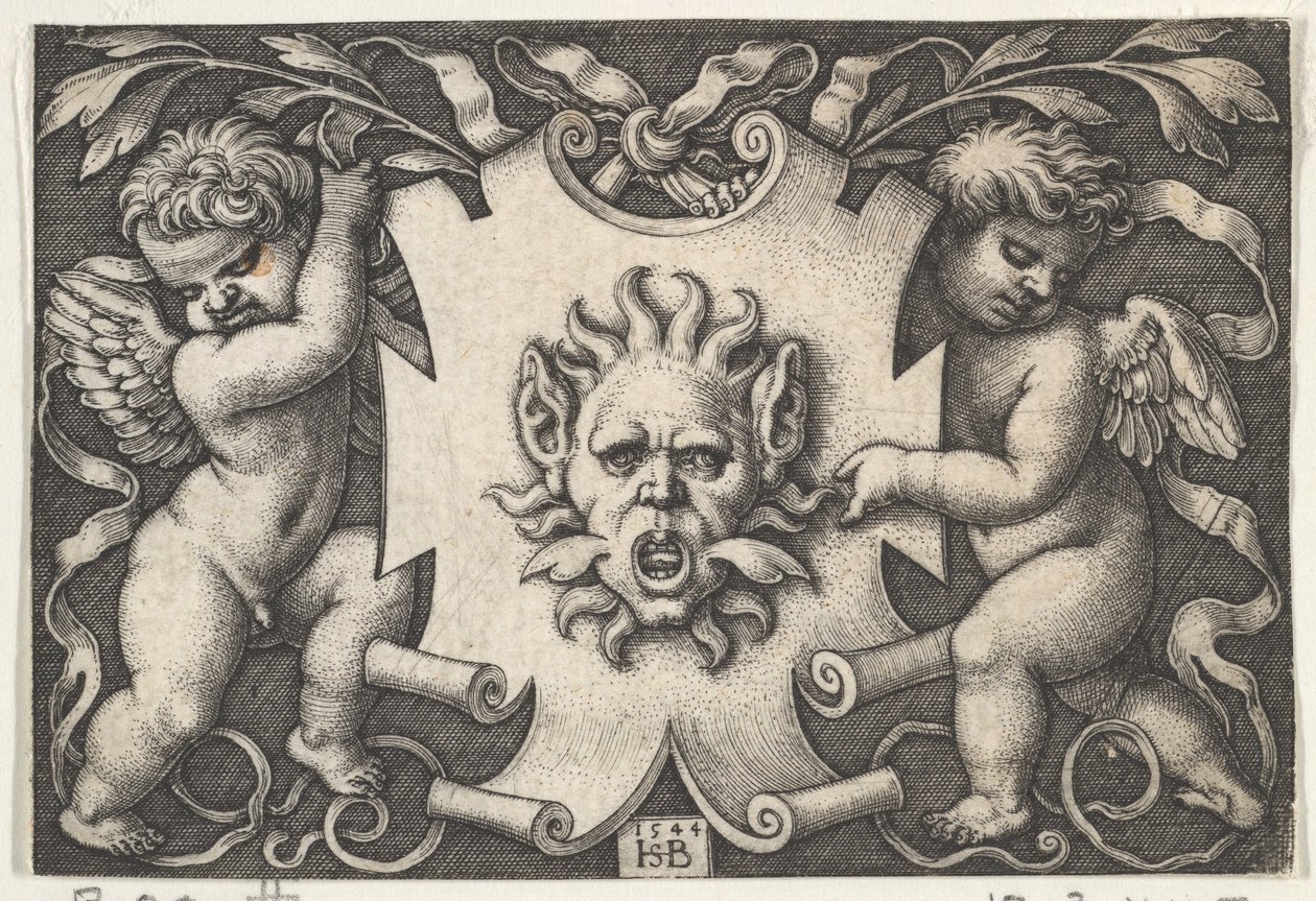 Maska na tarczy podtrzymywana przez dwóch geniuszy, 1544. autorstwa Sebald Beham