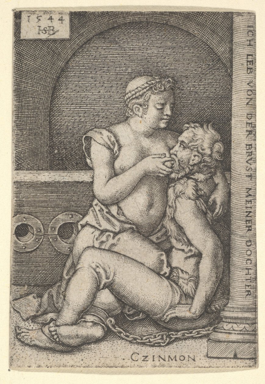 Cimon siedzący przy kolumnie po prawej stronie, ssący klęczącego obok Pero, 1544. autorstwa Sebald Beham