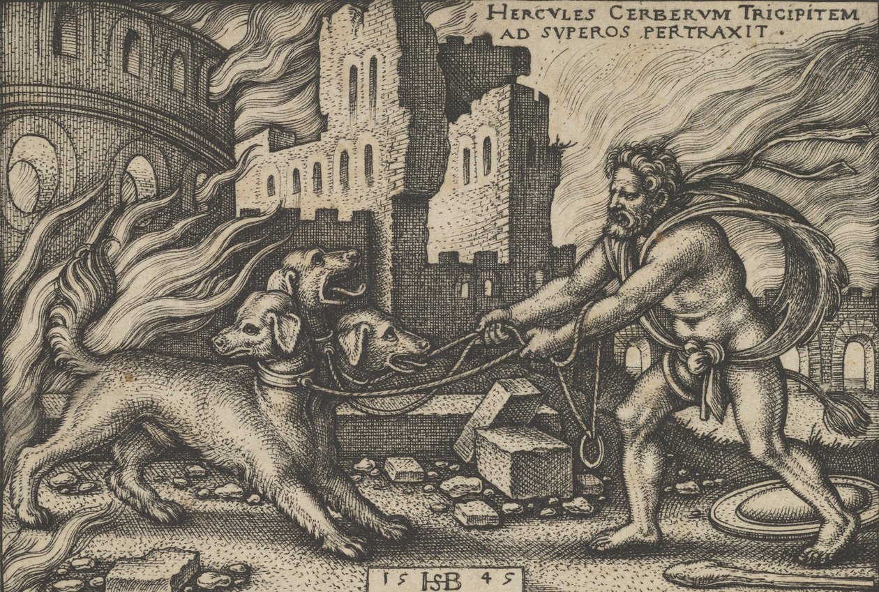 Herkules chwytający Cerbera, z prac Herkulesa, 1545. autorstwa Sebald Beham