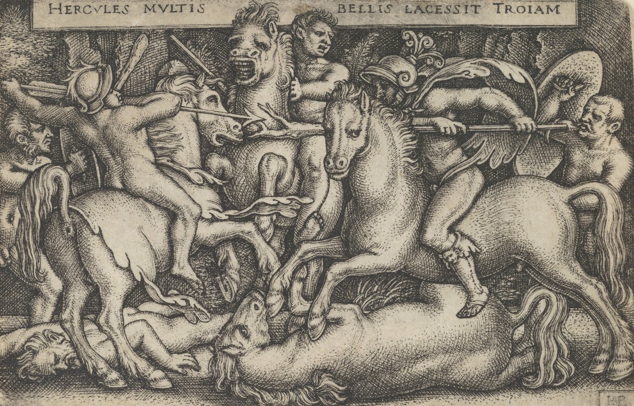 Herkules walczący z trojanami, z prac Herkulesa, 1545. autorstwa Sebald Beham