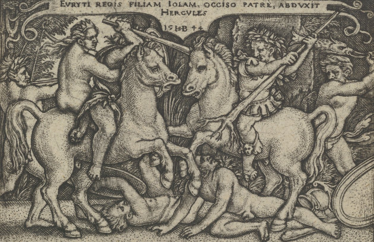 Herkules porywa Iole, z The Labors of Hercules, 1544. autorstwa Sebald Beham