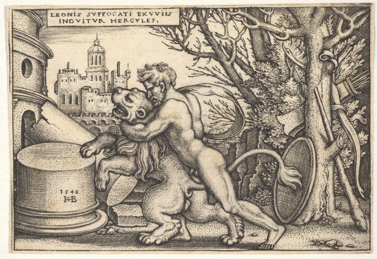 Herkules, z profilu, zabija lwa nemejskiego z ramieniem na jego szyi, z „Labo…, 1548. autorstwa Sebald Beham