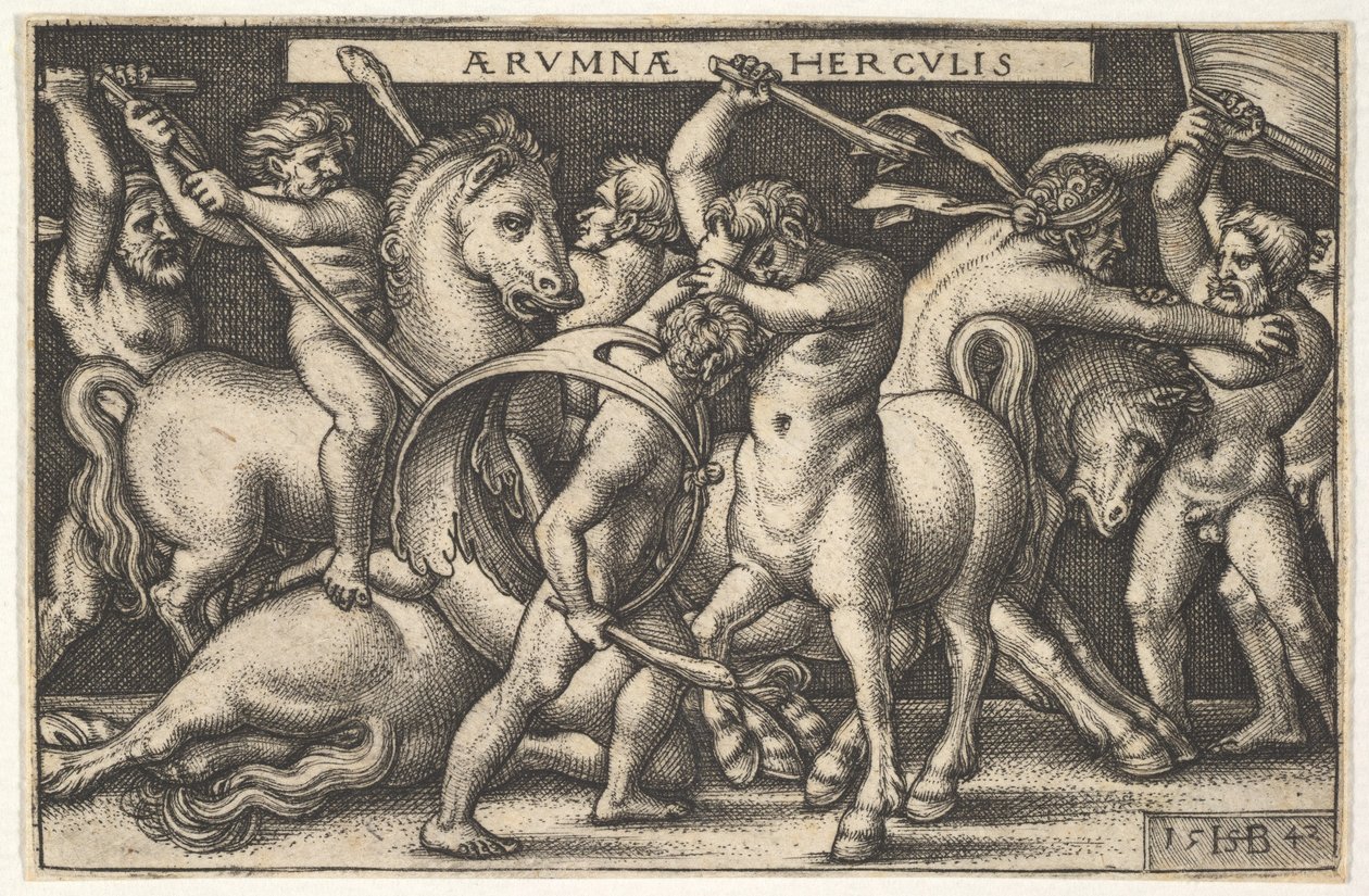 Herkules ze swoją maczugą w centrum walczy z centaurem, inni mężczyźni walczą z centaurami, by zostawić..., 1542. autorstwa Sebald Beham