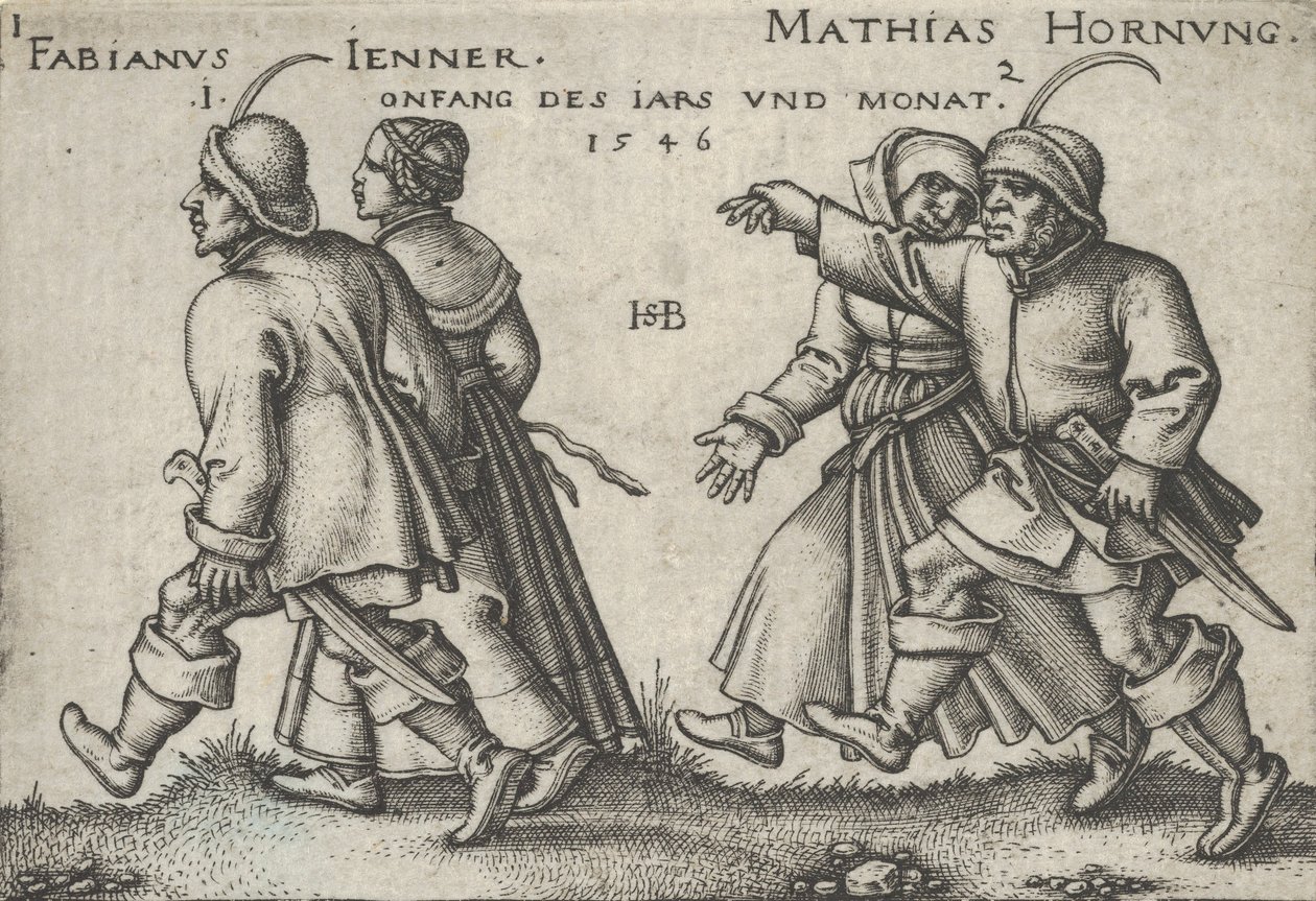 Styczeń i luty, z Uczty Chłopskiej lub Dwunastu Miesięcy, 1546. autorstwa Sebald Beham