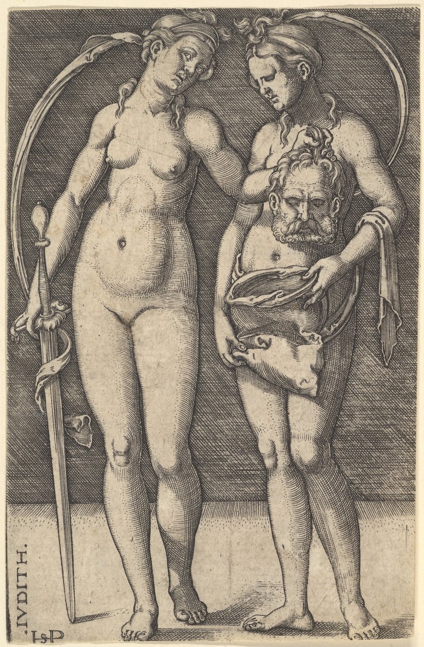Judyta stojąca po prawej i trzymająca w prawej ręce głowę Holofernesa i..., ca. 1520-30. autorstwa Sebald Beham
