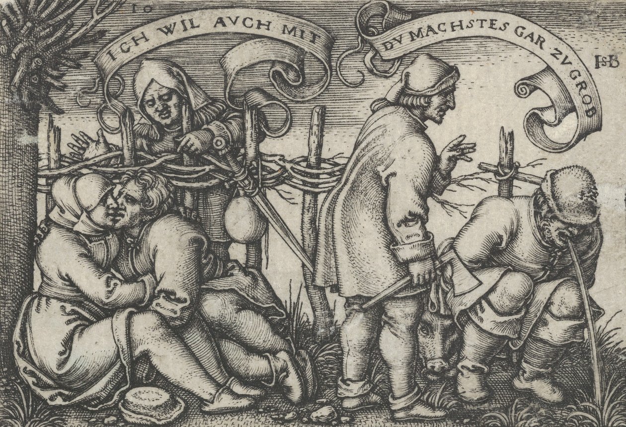 Chłopi za żywopłotem, z Uczty chłopskiej lub dwunastu miesięcy, 1546-47. autorstwa Sebald Beham
