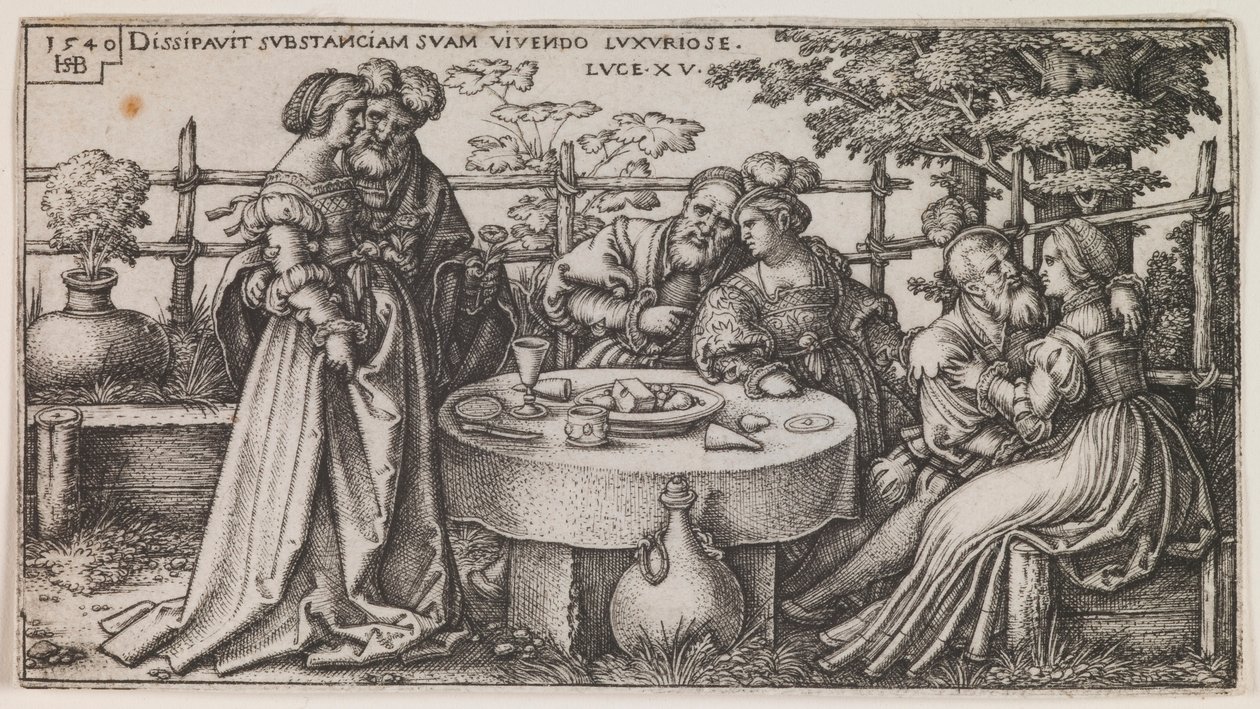 Syn marnotrawny marnuje swój majątek, z serii „Historia syna marnotrawnego” autorstwa Sebald Beham