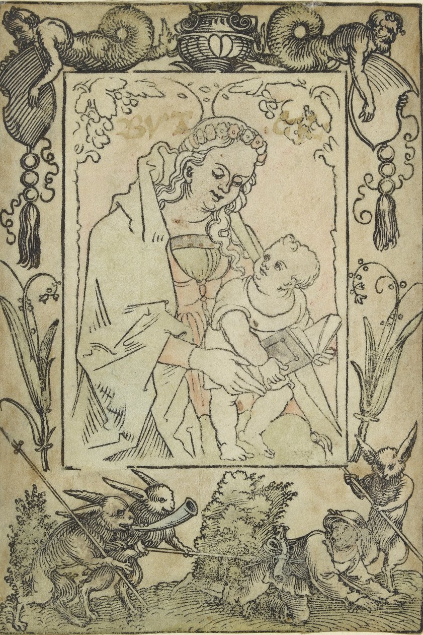 Matka Boska z Dzieciątkiem otoczona granicą z myśliwym i kilkoma królikami, XVI w. autorstwa Sebald Beham