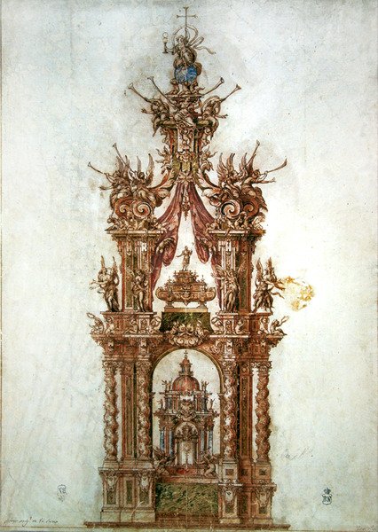 Studium do ołtarza św. Izydora w kościele San Andres w Madrycie (pranie w sepii i długopis na papierze) autorstwa Sebastian de Herrera Barnuevo