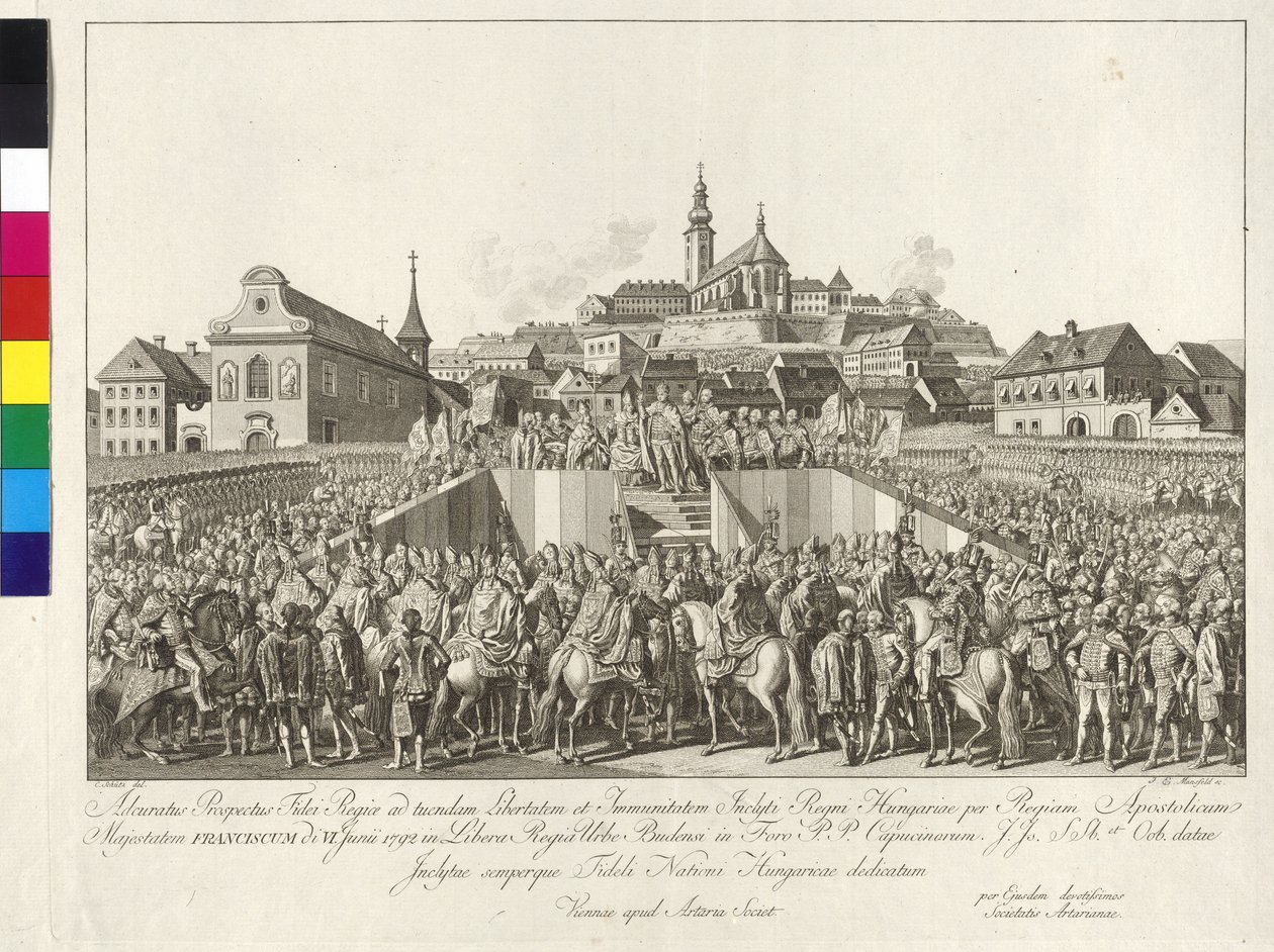 Koronacja cesarza Franciszka II na króla Węgier w Budapeszcie 6 czerwca 1792 r. (miedzioryt) autorstwa Sebastian Mansfeld