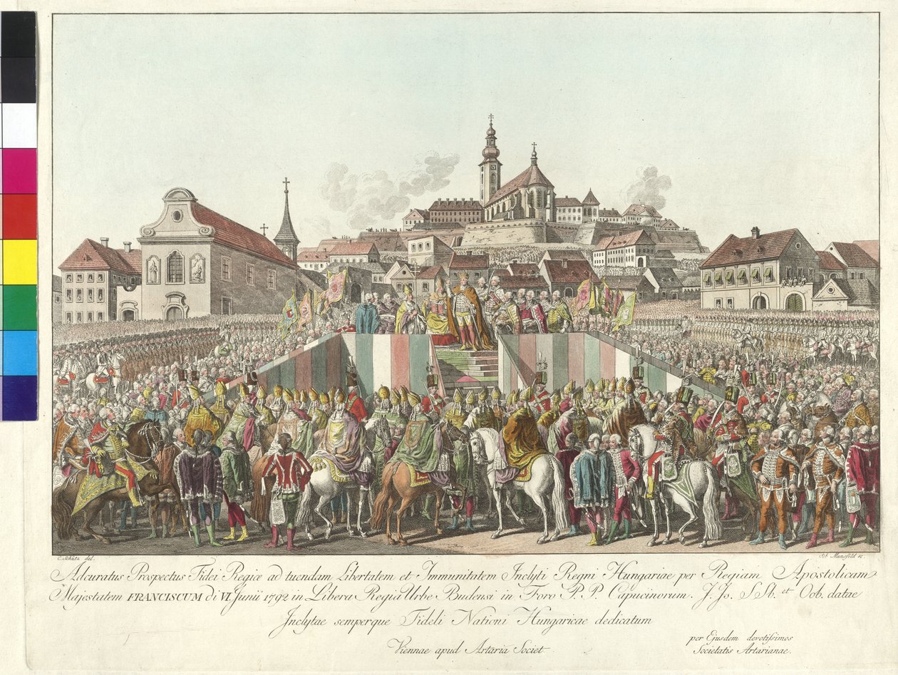 Koronacja cesarza Franciszka II na króla Węgier w Budapeszcie 6 czerwca 1792 r. (miedzioryt) autorstwa Sebastian Mansfeld