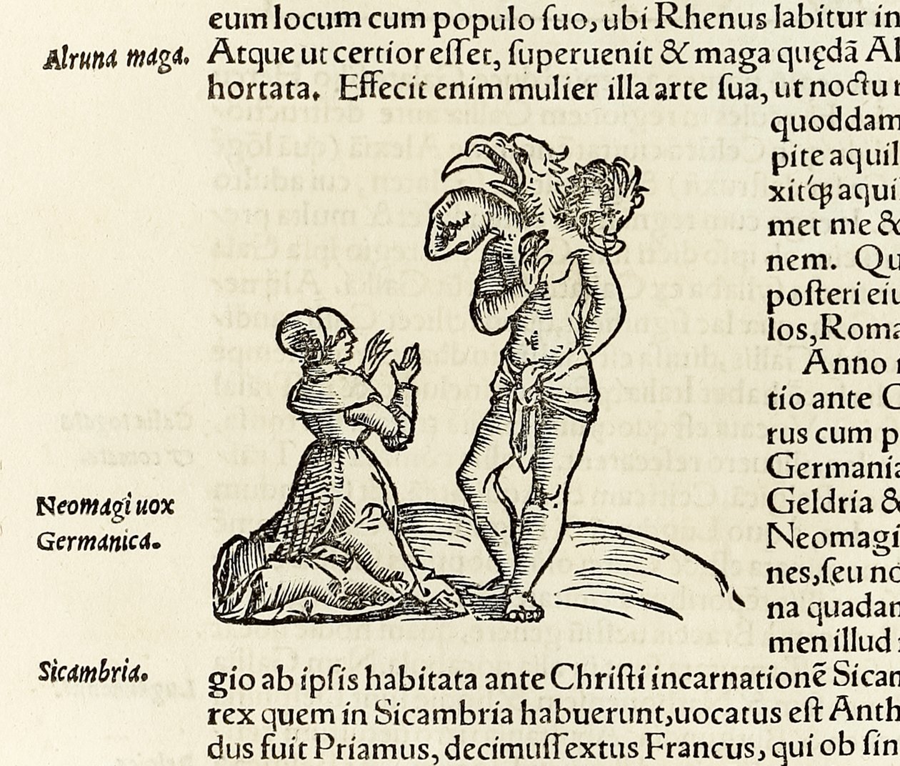 Wiedźma przywołuje trójgłowego demona z wydania „Cosmographia” Sebastiana Munstera z 1550 r. (drzewryt) autorstwa Sebastian Munster