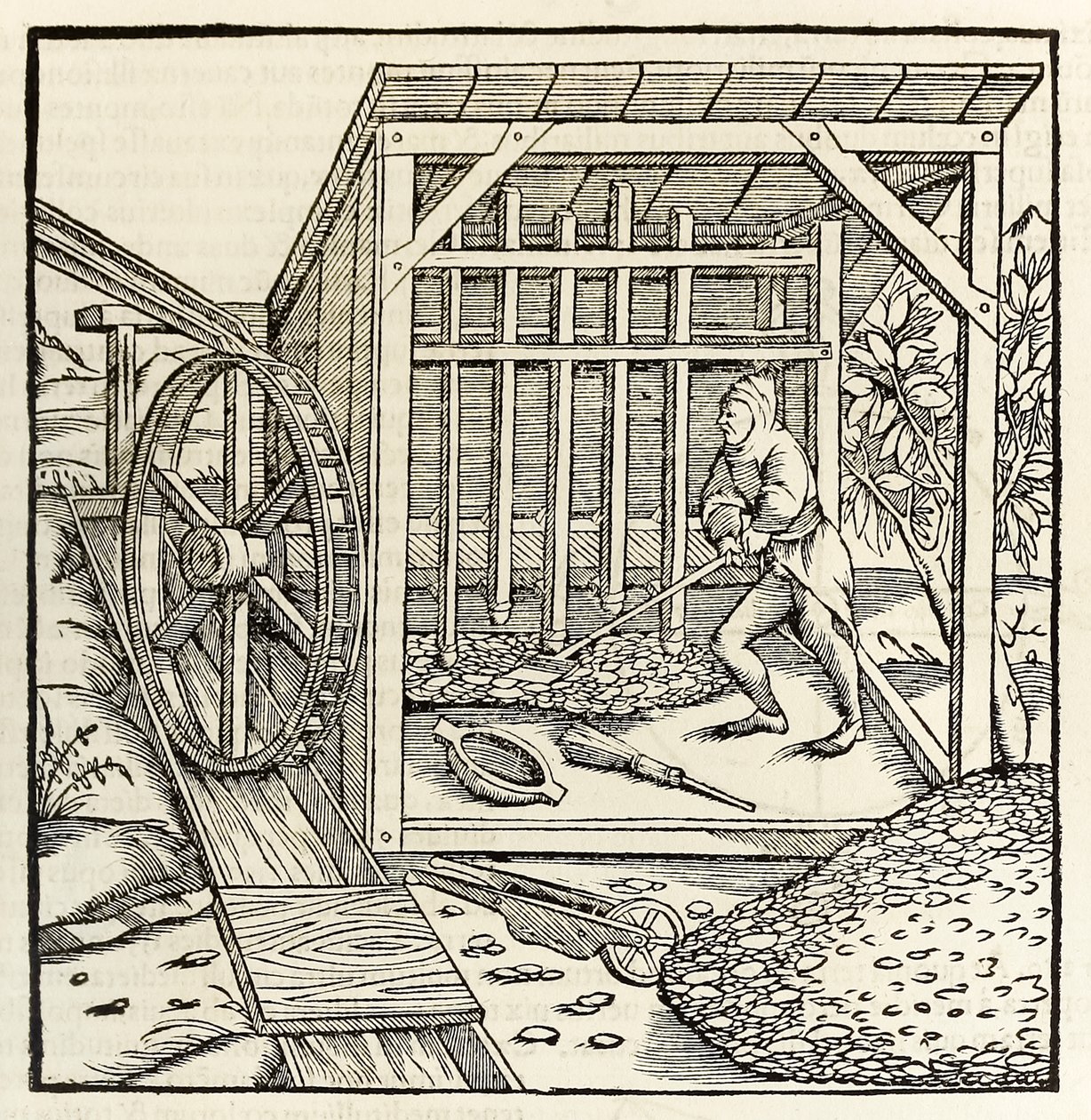 Wydobywanie z kołem wodnym, z wydania „Cosmographia” z 1550 r. Sebastiana Munstera (drzewryt) autorstwa Sebastian Munster