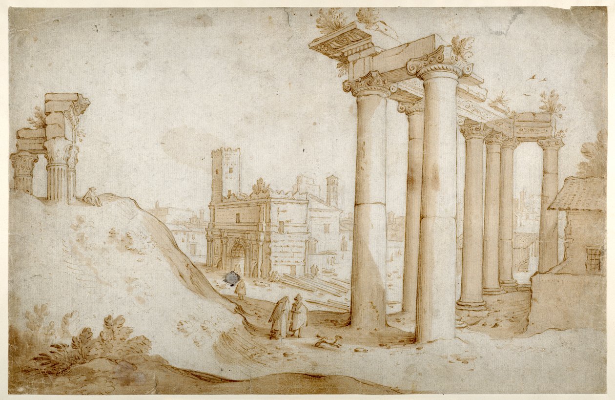 Forum Romanum ze Świątynią Tytusa i Wespazjana, Świątynią Saturna i Łukiem Septymiusza Sewera (Pióro i brązowy tusz z brązowym lakierem, na papierze) autorstwa Sebastian Vrancx