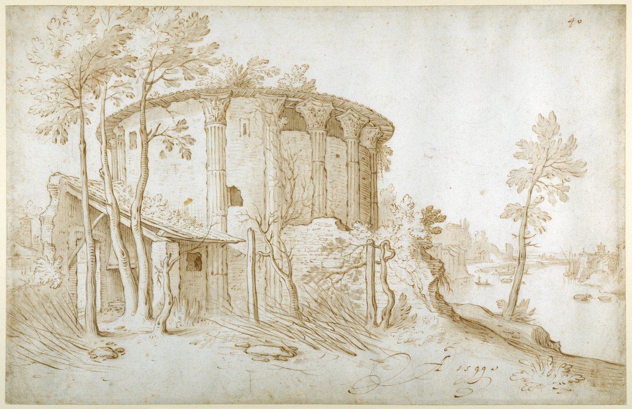Świątynia Westy na Forum Boarium, widziana od północy, po prawej Tyber, ok. 1650 (pióro i atrament z wash na papierze) autorstwa Sebastian Vrancx