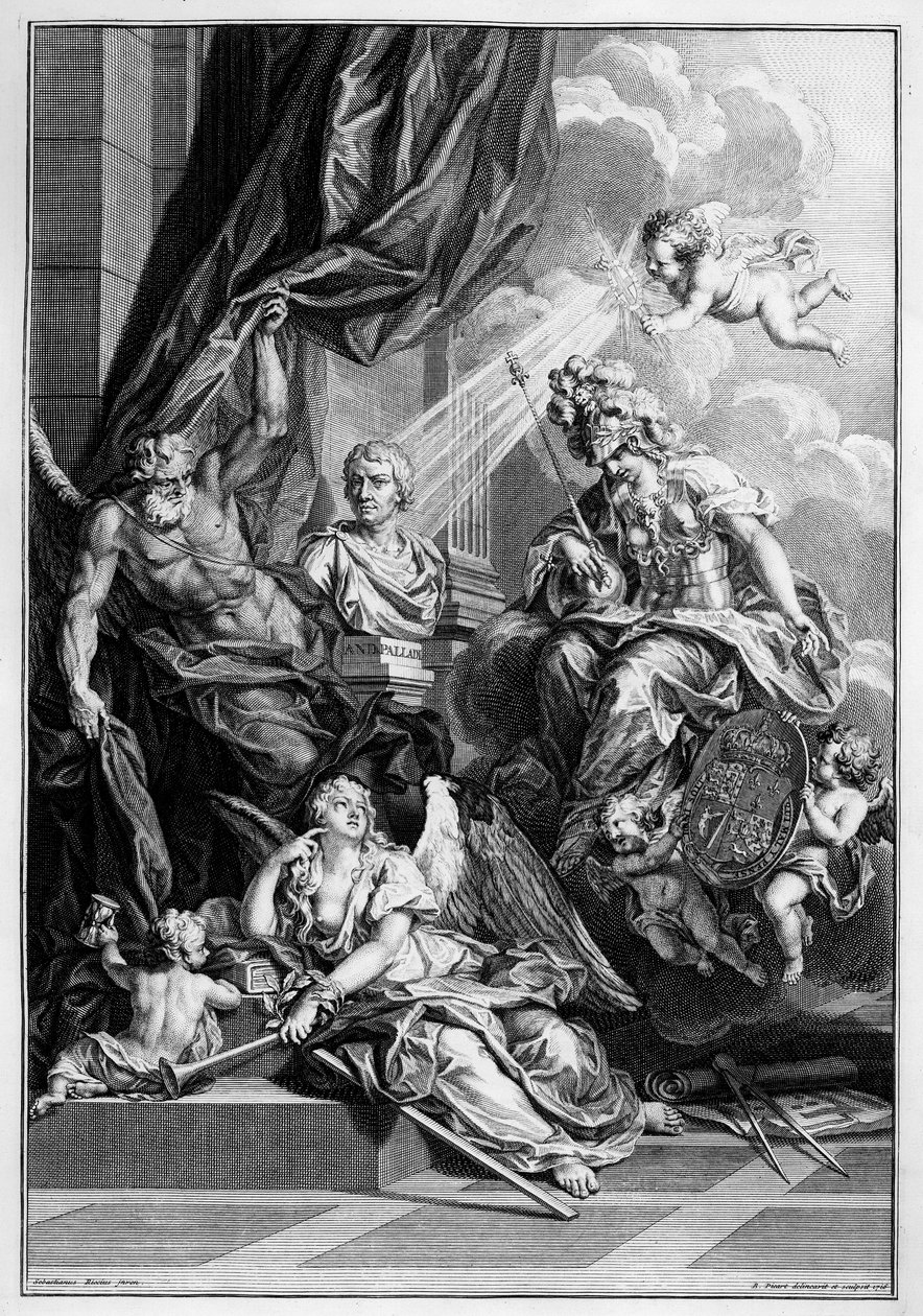 Frontyspis do „Architektury A. Palladio, w czterech księgach”, Giacomo Leoni ed., rytowany przez Bernarda Picarta, opublikowany 1715 autorstwa Sebastiano Ricci