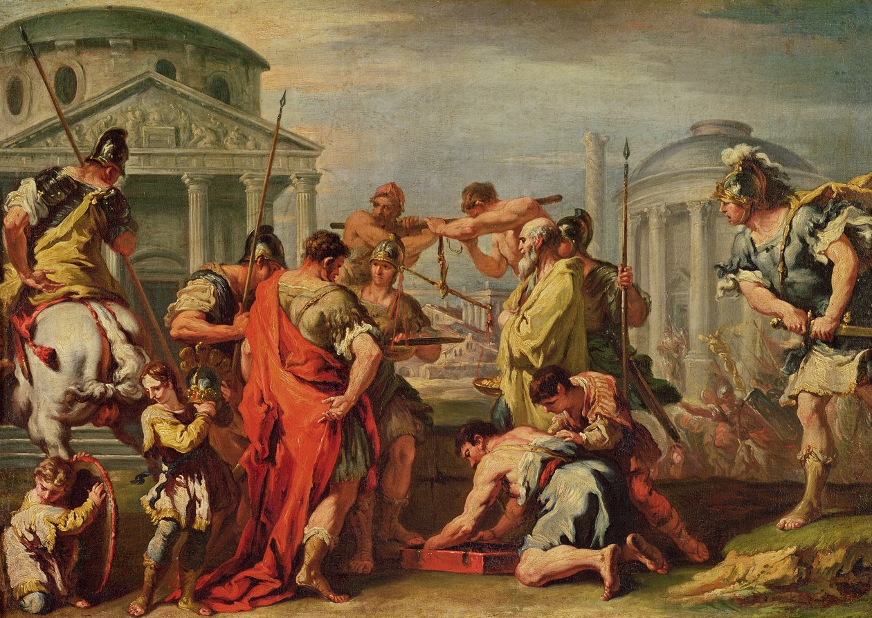 Marcus Furius Camillus (zm. 365 p.n.e.) i Brennus (fl.c. 389 p.n.e.) autorstwa Sebastiano Ricci